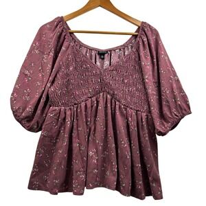 Torrid Top Womens Sz 10 Floral Babydoll Boho Peplum Burgundy Pink Puff Sleeves
